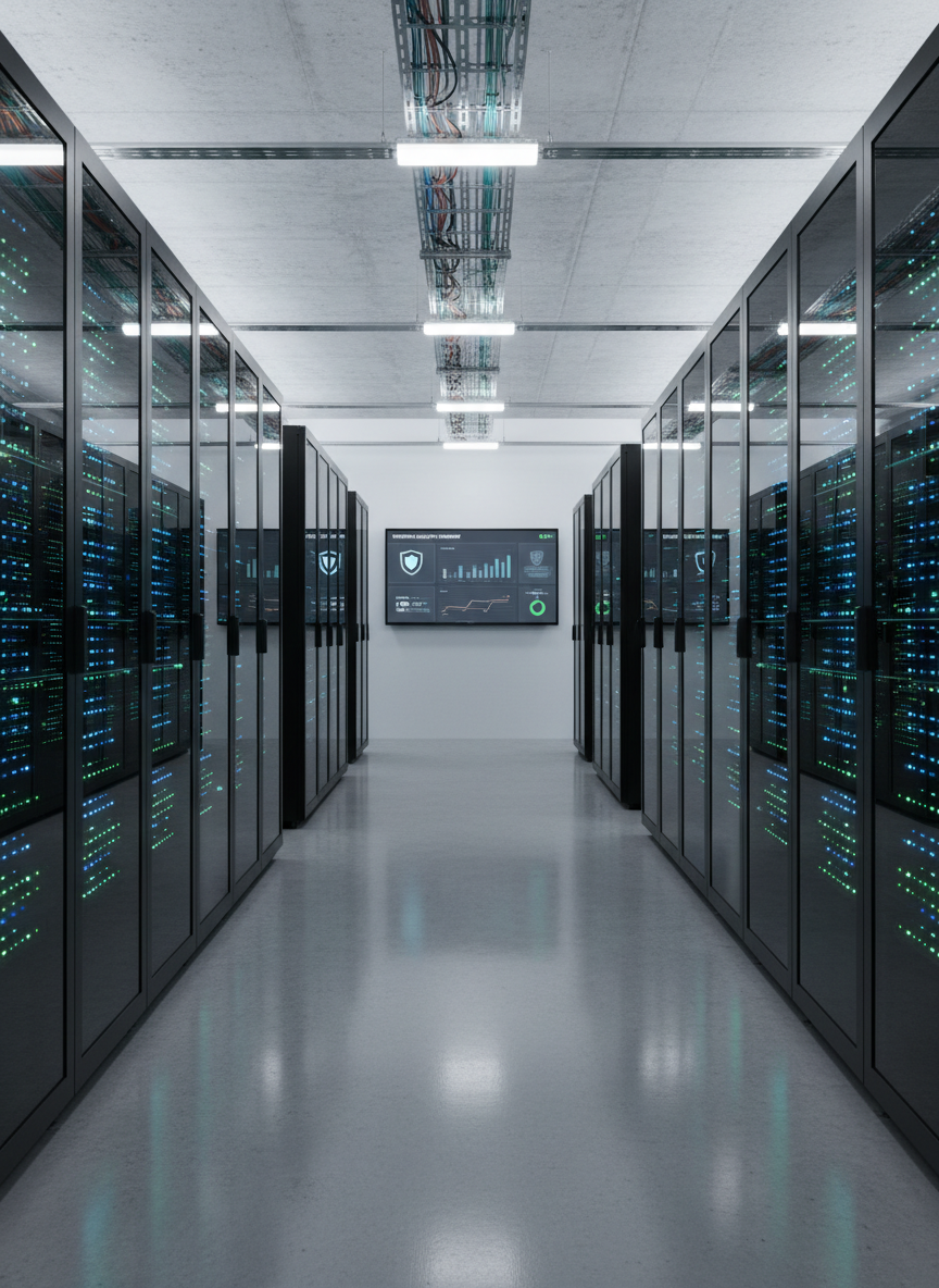 A meticulously organized corporate server room featuring rows of black, glass-fronted server racks, each with glowing blue and green indicator lights. A prominent digital monitor displays a security dashboard with shield icons and risk status graphs, all in muted neutrals and subtle accent colors. The environment is immaculate, with cable trays arranged in clean, parallel lines along the ceiling and polished concrete floors. Cool, diffused white lighting creates crisp reflections on metal surfaces, contributing to a disciplined, secure, and orderly mood. The image is composed using a wide-angle, straight-on perspective, ensuring a balanced layout and deep field of focus. The photographic style is clean, minimal, and embodies a professional, cutting-edge corporate feel, ideal for illustrating technical security infrastructure.