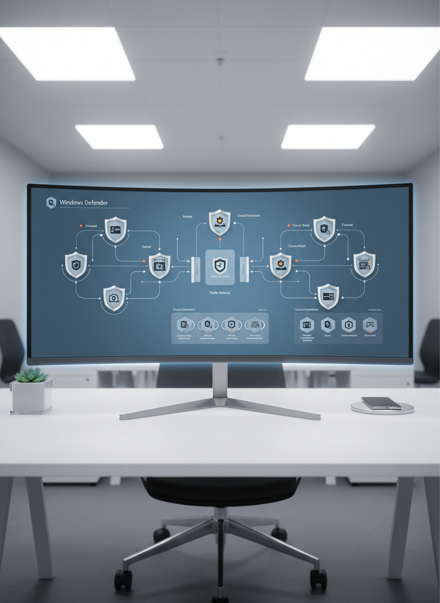 A detailed, layered illustration of a Windows operating system security architecture diagram displayed on a modern ultra-wide monitor, set atop a pristine white office desk. The diagram features interconnected shields, firewalls, and alert icons rendered in soft blues and grays, visually explaining defenses and vulnerabilities. The space features minimalist decor and clear surfaces, evoking structure and clarity. Overhead LED panel lights create a bright, evenly-lit environment, eliminating harsh shadows and providing crisp visibility for every graphic detail. The image is shot from a slightly elevated angle, using balanced framing to keep the focus on the screen, and embodies a polished photographic style suited for executive-level presentations.