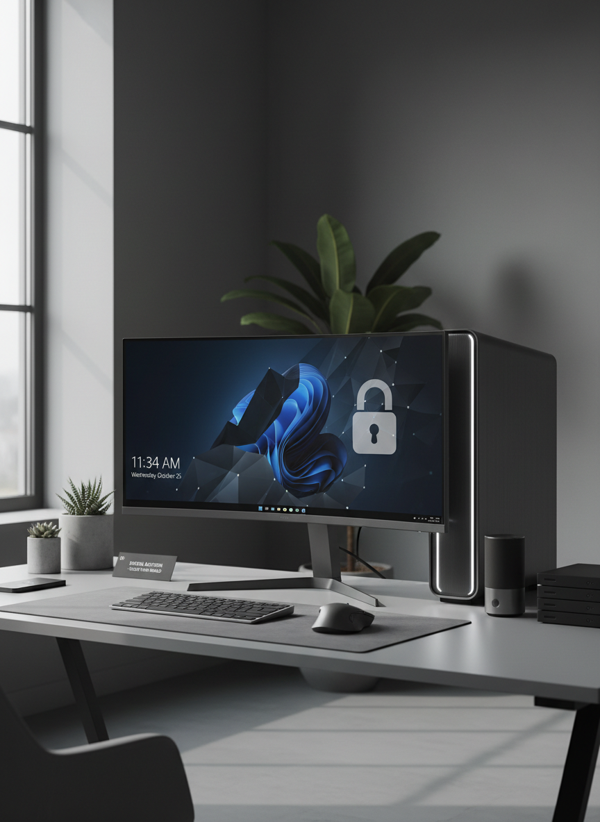 A sleek, modern workstation showcasing a high-end desktop computer running Windows 11, with a crisp lock screen featuring a padlock symbol subtly embedded in the background wallpaper. The setup rests on a matte, light gray desk with clean geometric lines, surrounded by minimalist accessories like a slim keyboard and mouse. Soft overcast daylight from a nearby window bathes the scene, gently highlighting the brushed metal textures and casting faint, well-defined shadows. The mood is calm, professional, and focused, conveying a sense of robust digital security. Captured from an eye-level angle with a balanced, centered composition, the image exemplifies photographic realism and a structured corporate aesthetic fitting for a technology security blog.