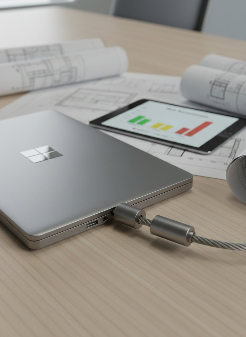 A close-up of a sturdy steel security lock attached to a sleek, brushed-aluminum laptop embossed with the Windows logo. The laptop sits closed on a smooth, neutral-tone conference table with subtle wood grain texture, surrounded by neatly arranged blueprints and a digital notepad displaying a risk assessment chart. Soft, even studio lighting accentuates the clean lines of the hardware, emphasizing both strength and sophistication. The atmosphere is diligent and secure, with a sharp focus on the lock and gentle background bokeh for depth. Photographic realism and corporate minimalism define the style, underscoring themes of device hardening and data protection in a business context.