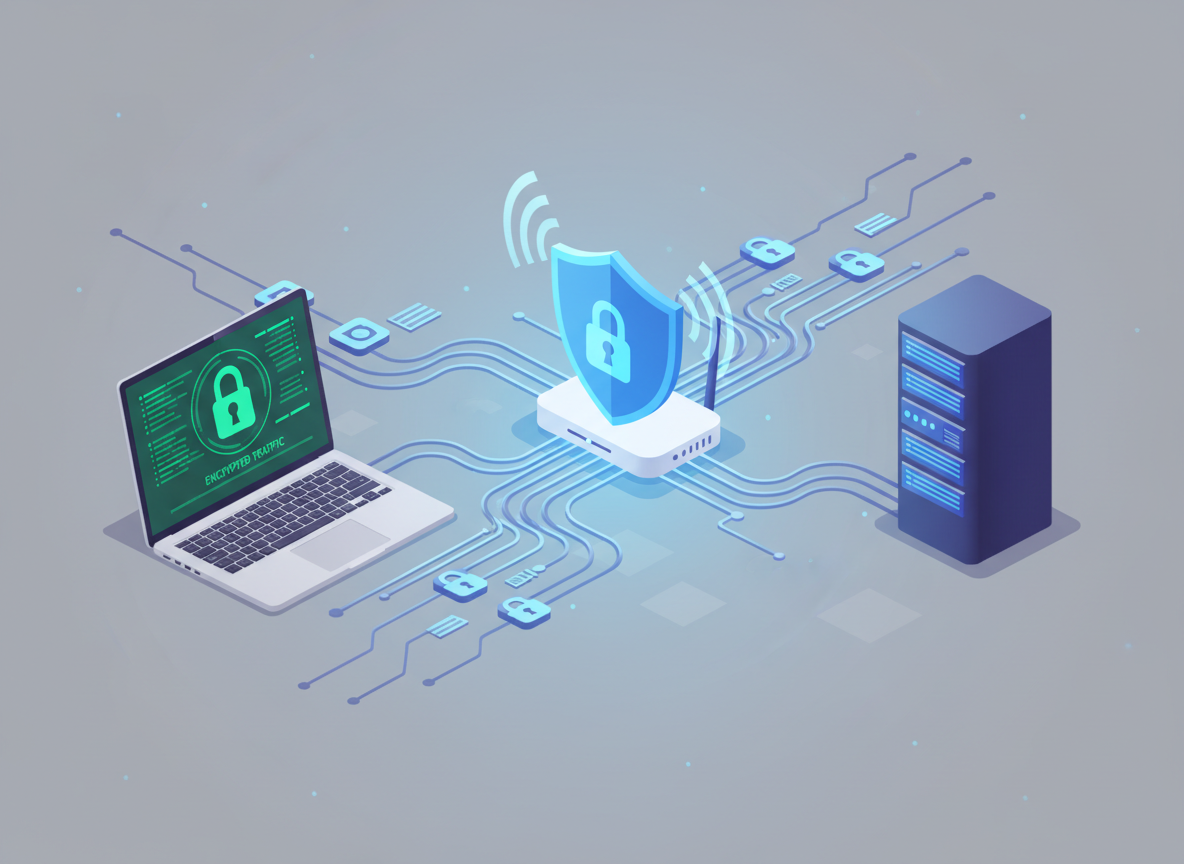Modern illustration of a secured corporate Wi-Fi network with encrypted traffic, a Windows laptop, and a shielded router, in a minimalist, professional aesthetic